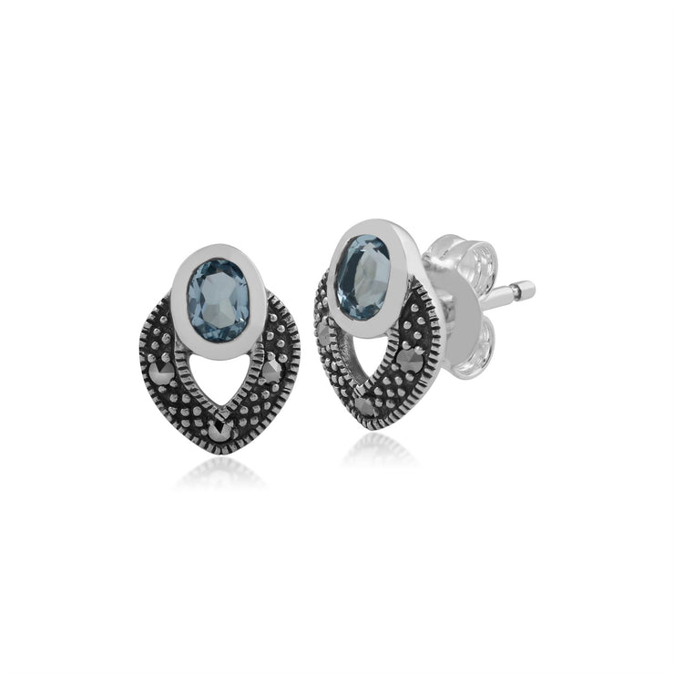 Collana e orecchini a bottone in stile Art Déco in argento 925 con topazio azzurro e marcasite