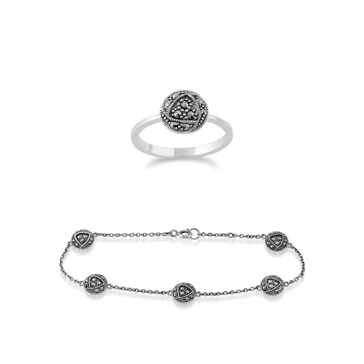 Anello e bracciale stile Rennie Mackintosh Argento 925 Glasgow Rose Marcasite Rotondo