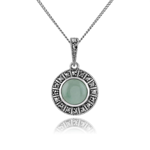 Ciondolo in stile Art Déco in argento 925 rotondo con giada verde e marcasite