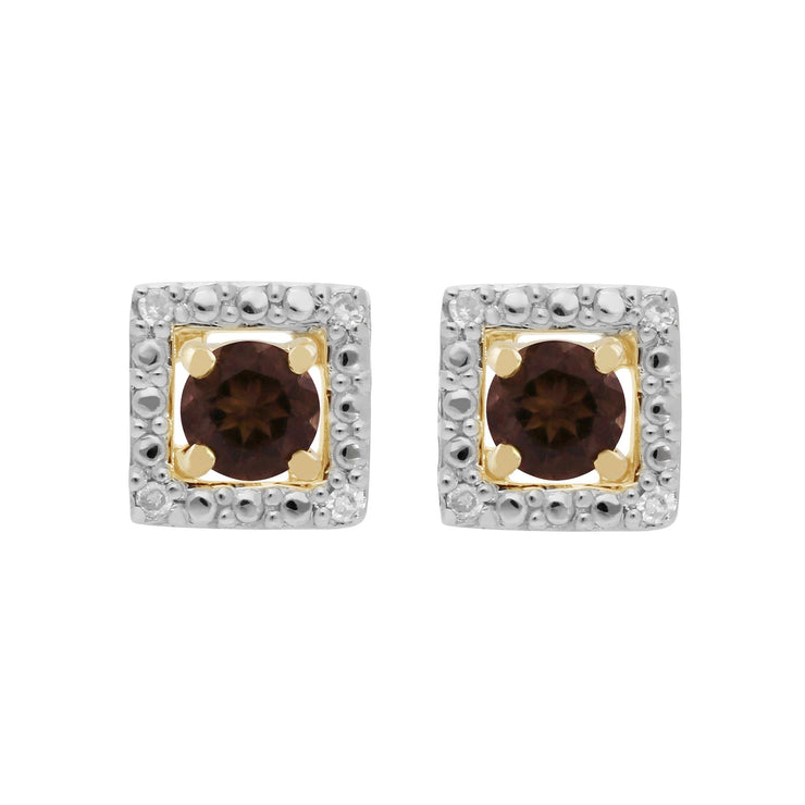 Orecchini a bottone classici in quarzo fumé in oro giallo 375 e rivestimento per l'orecchio con diamanti quadrati