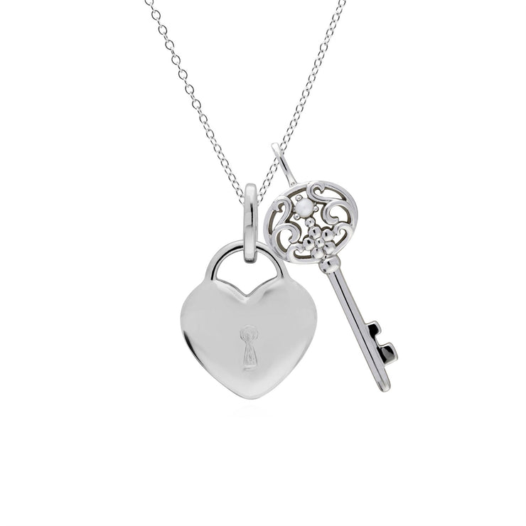 Classico ciondolo con lucchetto a cuore in argento 925 e grandi ciondoli con perle chiave