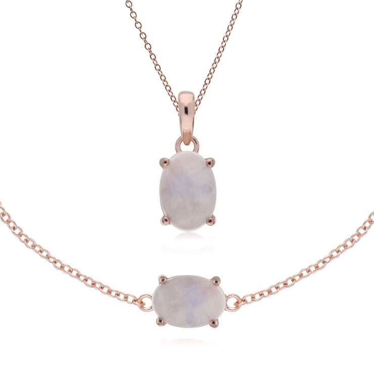 Classico pendente e bracciale ovale arcobaleno in pietra di luna placcata in oro rosa in argento 925