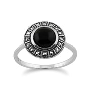 Anello Gemondo in argento sterling 925 Art Déco da 1,20 ct con onice nero e marcasite