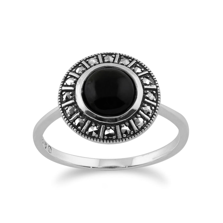 Anello Gemondo in argento sterling 925 Art Déco da 1,20 ct con onice nero e marcasite