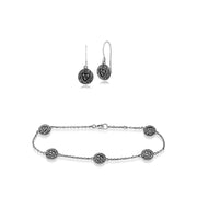Orecchini pendenti e bracciale stile Rennie Mackintosh in argento 925 con marcasite rosa Glasgow rotonda