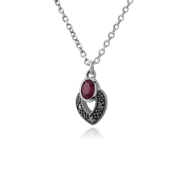 Collana in stile Art Déco in argento 925 con rubino ovale e marcasite