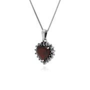 Collana  pendente con granato e marcasite ,a cuore in argento sterling con catena da 45 cm