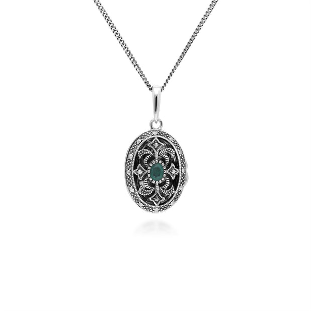 Collana portafoto in stile Art Nouveau in argento 925 ovale smeraldo