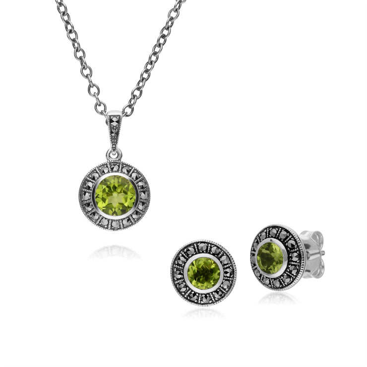 Orecchini a lobo e anello in stile Art Déco in argento 925 con peridoto e marcasite a grappolo rotondo