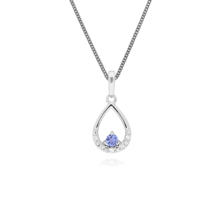 Ciondolo unico con tanzanite e diamanti a forma di pera, in oro bianco da 9 ct, su catena da 45 cm