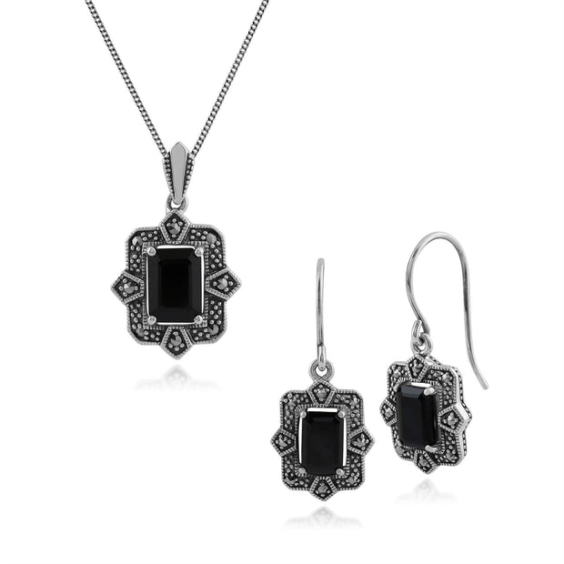 Orecchini pendenti e pendenti in stile Art Déco in argento 925 con baguette nera e castone in marcasite