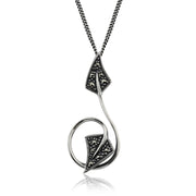 Ciondolo rotondo a foglia intrecciata in argento 925 marcasite e orecchini a bottone