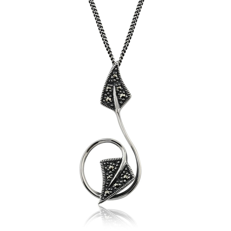 Ciondolo rotondo a foglia intrecciata in argento 925 marcasite e orecchini a bottone