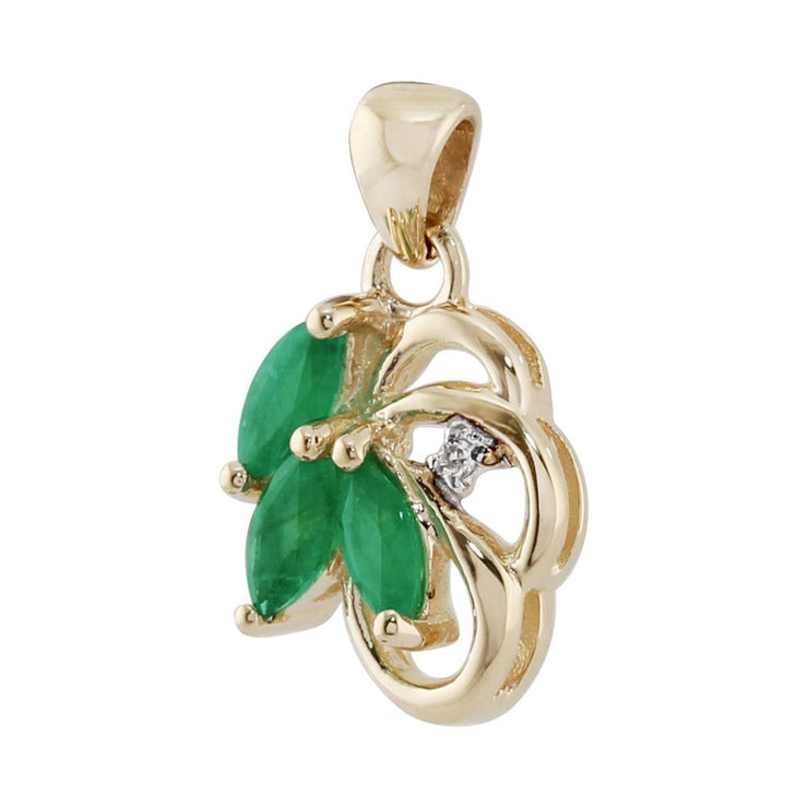 Ciondolo a foglia in stile Art Nouveau e orecchini in oro giallo 375 con smeraldo marquise e diamanti