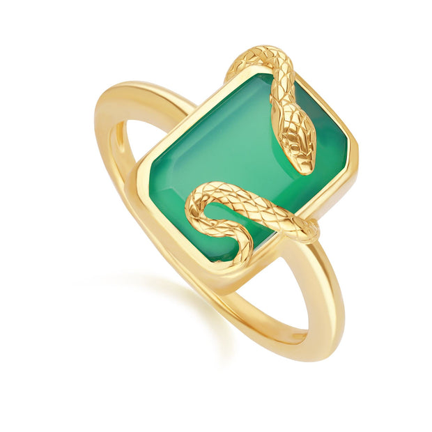 Anello serpente a spirale Grand Déco in calcedonio verde e argento dorato