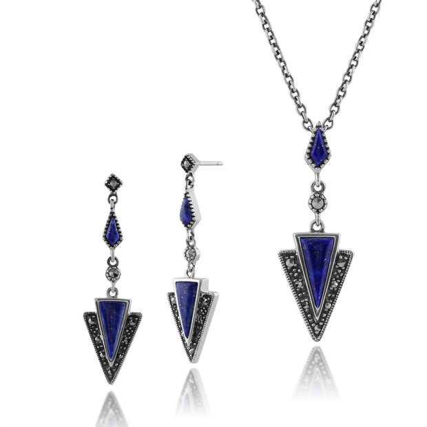Collana e orecchini con pendente a triangolo in stile Art Déco, argento 925, lapislazzuli e marcasite