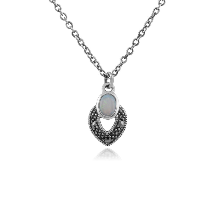 Orecchini a lobo e collana in stile Art Déco Argento 925 ovale, opale e marcasite
