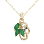 Ciondolo a foglia in stile Art Nouveau e orecchini in oro giallo 375 con smeraldo marquise e diamanti