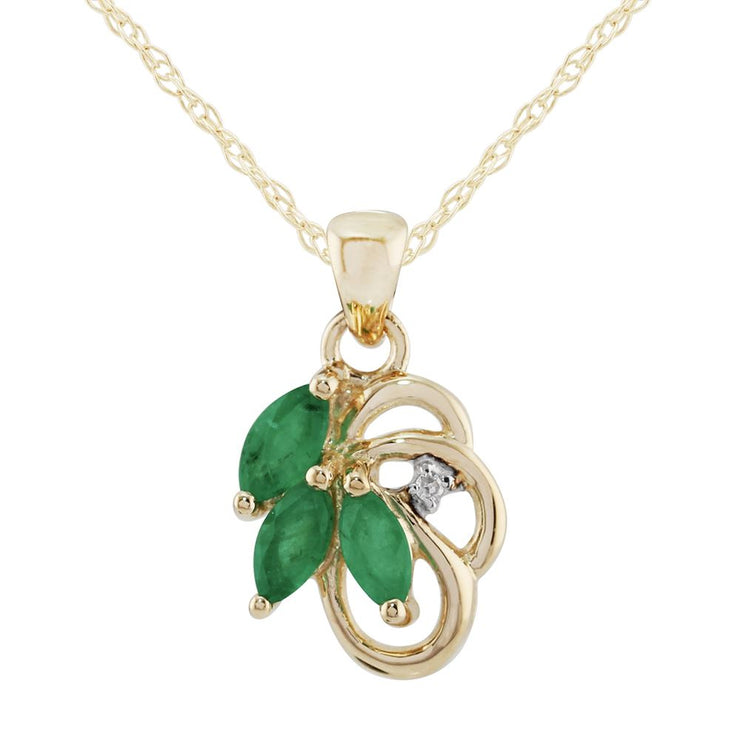 Ciondolo a foglia in stile Art Nouveau e orecchini in oro giallo 375 con smeraldo marquise e diamanti