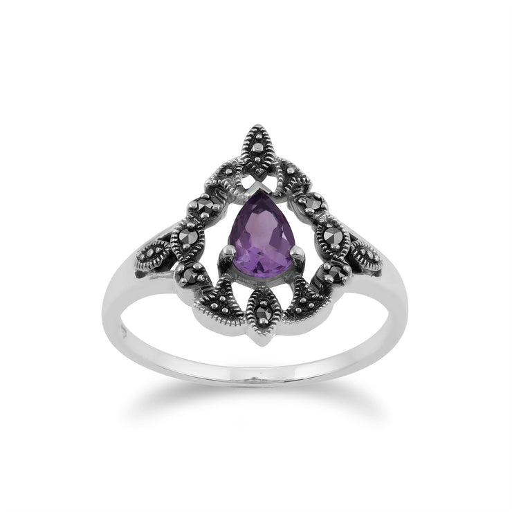 Anello ghirlanda in stile Art Nouveau e orecchini pendenti in argento 925 con ametista e marcasite