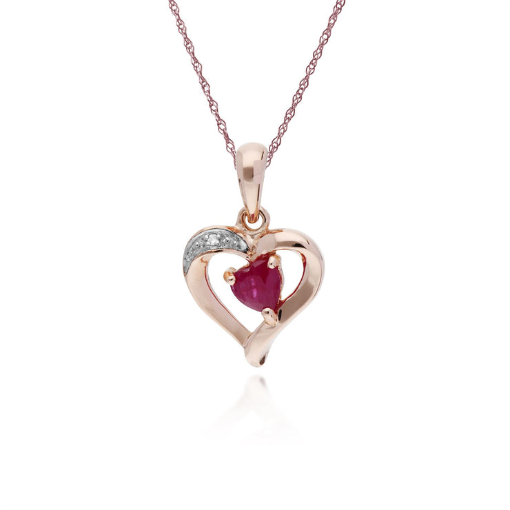 Ciondolo RUBINO, PENDENTE A CUORE RUBINO NATURALE E DIAMANTI in oro rosa 9 CT su catena