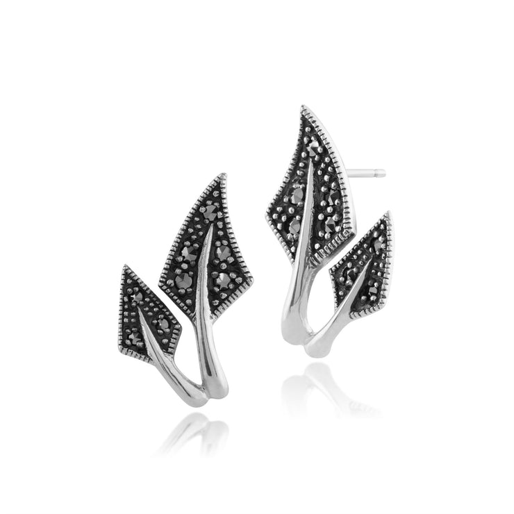 Orecchini a bottone con foglia in stile Art Nouveau in argento 925 marcasite rotondo