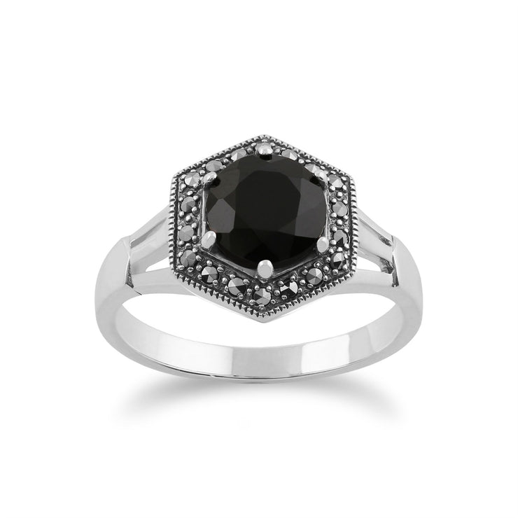 Anello Art Deco Gemondo, anello Art Deco in argento sterling 925 con spinello nero e marcasite