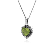 Ciondolo in stile Art Déco in argento 925 con cuore di peridoto e aureola di marcaste