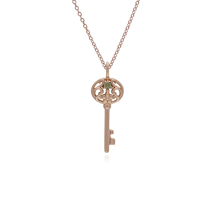 Ciondolo classico con lucchetto a cuore intrecciato in argento 925 placcato oro rosa e grandi ciondoli con chiave di peridoto