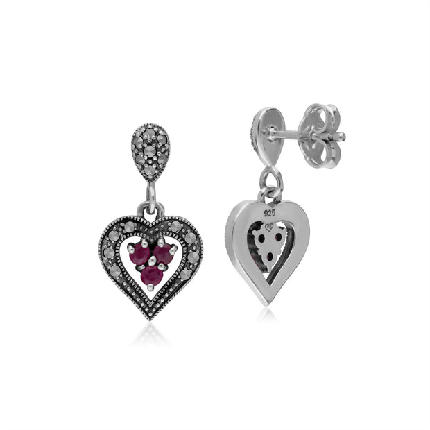 Orecchino a cuore in argento sterling con rubini e marcasite