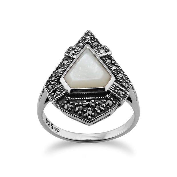 Gemondo Anello in stile Art Déco, argento sterling 925 da 1,50 ct, madreperla e anello con marcasite da 0,28 ct