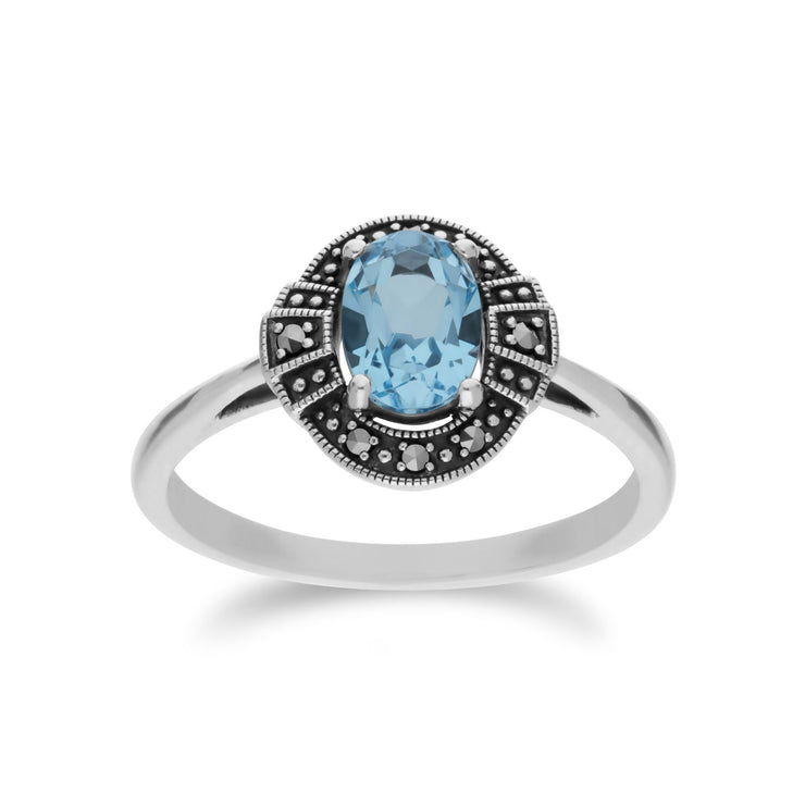 Ciondolo e anello in stile Art Déco in argento 925 con topazio azzurro e marcasite a grappolo ovale
