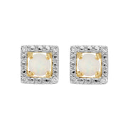 Orecchini a bottone classici con opale in oro giallo 375 e rivestimento per l'orecchio con diamanti quadrati