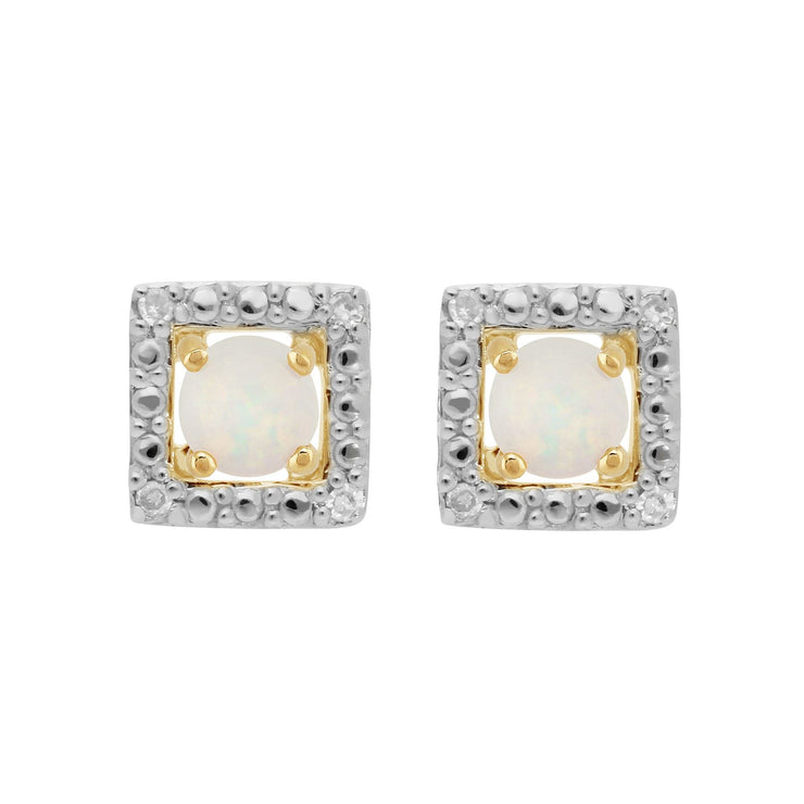Orecchini a bottone classici con opale in oro giallo 375 e rivestimento per l'orecchio con diamanti quadrati