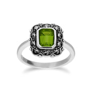 Anello in stile Art Nouveau in argento sterling con peridoto ottagonale e marcasite