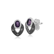 Orecchini a bottone in stile Srt Deco in argento 925 con ametista ovale e marcasite