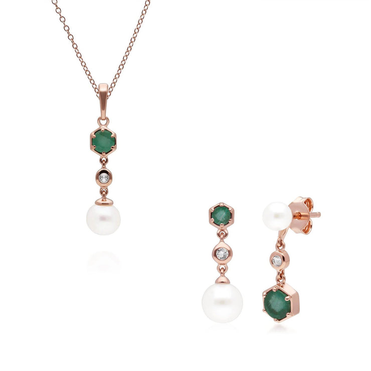Orecchini e ciondolo di perle moderne Argento 925 placcato oro rosa Smeraldo, topazio e perla