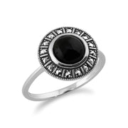 Anello Gemondo in argento sterling 925 Art Déco da 1,20 ct con onice nero e marcasite