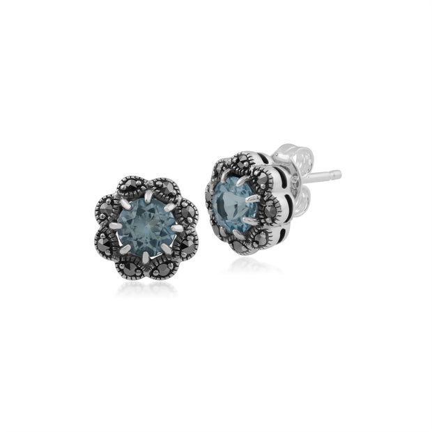 Orecchini a lobo floreali in argento 925 con topazio blu e stile a grappolo marcasite