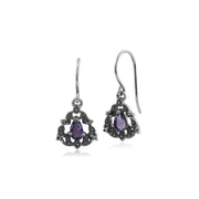 Anello ghirlanda in stile Art Nouveau e orecchini pendenti in argento 925 con ametista e marcasite