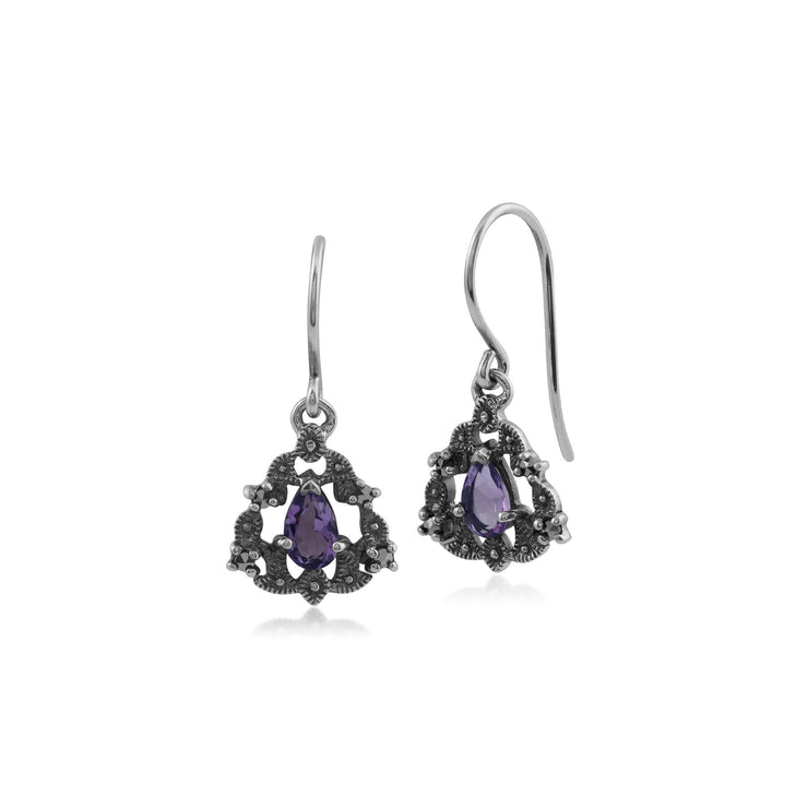 Anello ghirlanda in stile Art Nouveau e orecchini pendenti in argento 925 con ametista e marcasite