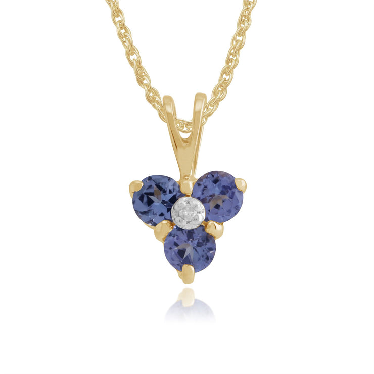 Orecchini a lobo e pendente floreale Tanzanite in oro giallo 375 e diamanti