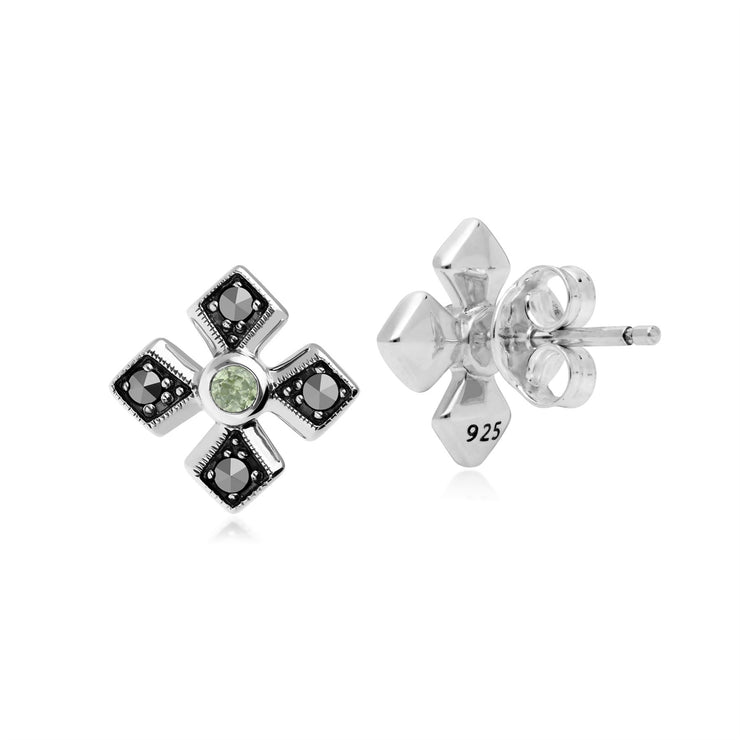 Orecchini a bottone con croce gotica in stile Art Déco in argento 925 con peridoto e marcasite