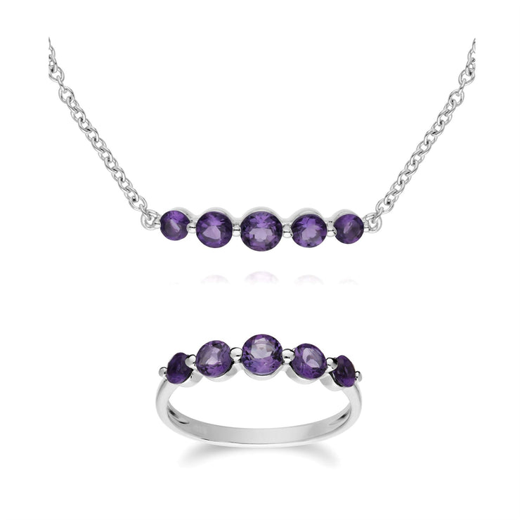 Classico bracciale e anello con cinque pietre di ametista in argento 925