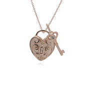 Ciondolo classico con lucchetto a cuore intrecciato in argento 925 placcato oro rosa e ciondoli chiave in topazio bianco