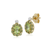 Classici orecchini a lobo e pendenti in oro giallo 375 con peridoto e cluster di diamanti