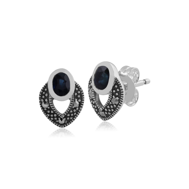 Collana e orecchini in argento 925 stile Art Déco con zaffiri ovali e marcasite