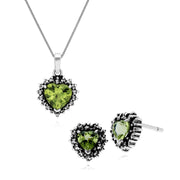 Ciondolo e orecchini a forma di cuore in stile Art Déco. Argento 925 con peridoto e marcasite