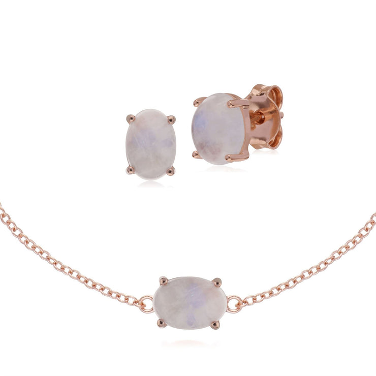 Bracciale e orecchini classici in argento 925 placcato in oro rosa con pietra di luna ovale arcobaleno