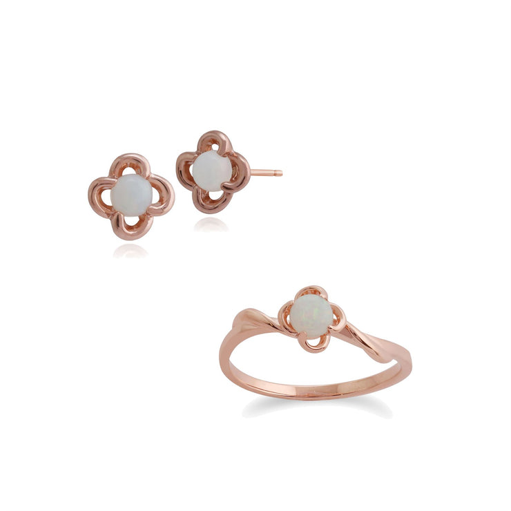 Orecchini a bottone e anello floreali Fiore opale in oro rosa 375